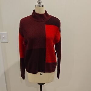 Cynthia Rowley Red and Brown Color Block Turtleneck Sweater
